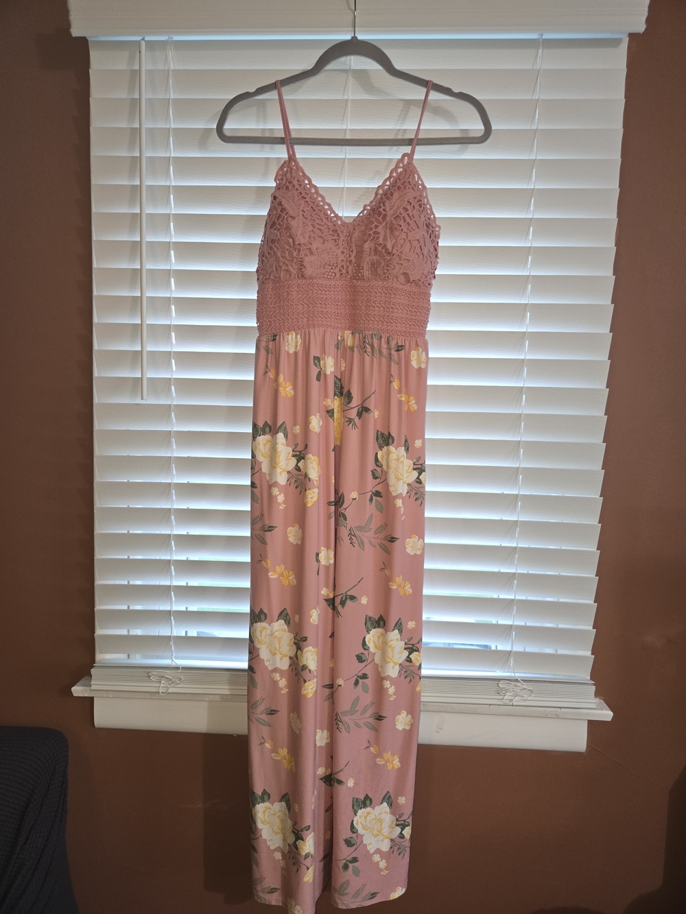 Pink Floral Crochet Bodice Maxi Dress